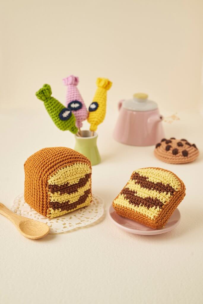 Gâteau marbré et sucettes au crochet avec dinette sur fond crème